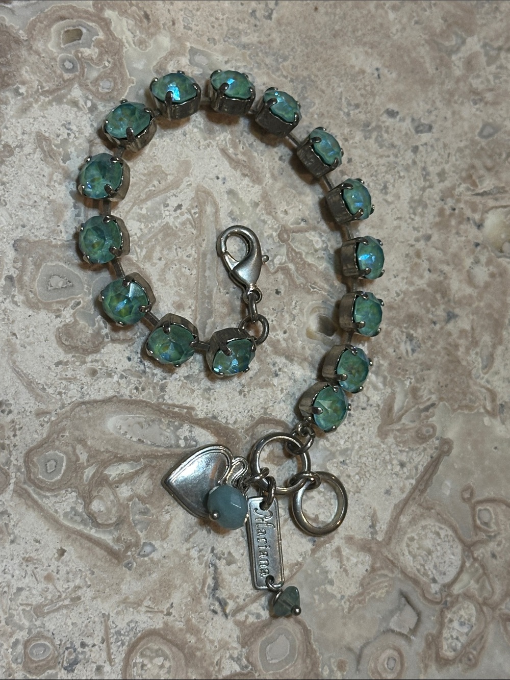 Mariana Green Crystal Charm Bracelet with Heart & Tag
